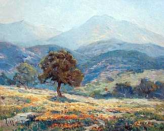 [painting of oak tree on hillside with poppies]