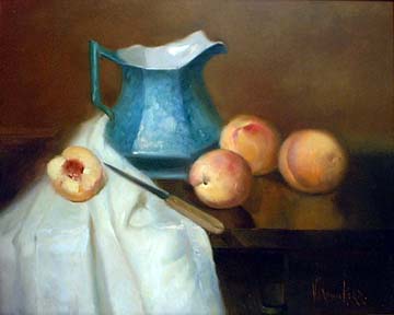 Blue pitches with four peaches and paring knife, draped with white cloth