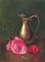 Still Life with Pink roses and silver pitcher